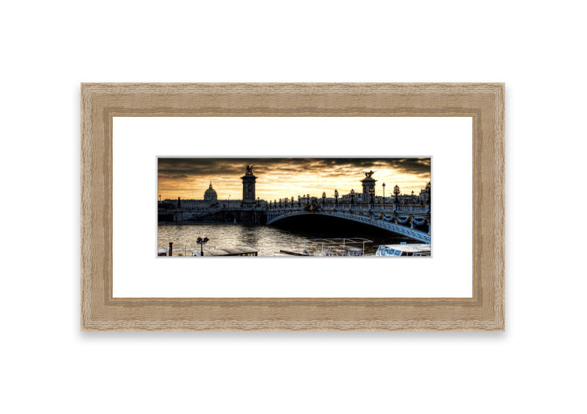 Framed print of Alexander Bridge in Paris, showcasing intricate details and vibrant colors, available in various frame colors.