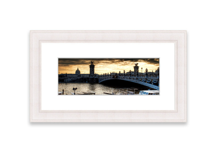 Framed print of Alexander Bridge in Paris, showcasing intricate details and vibrant colors, available in various frame colors.