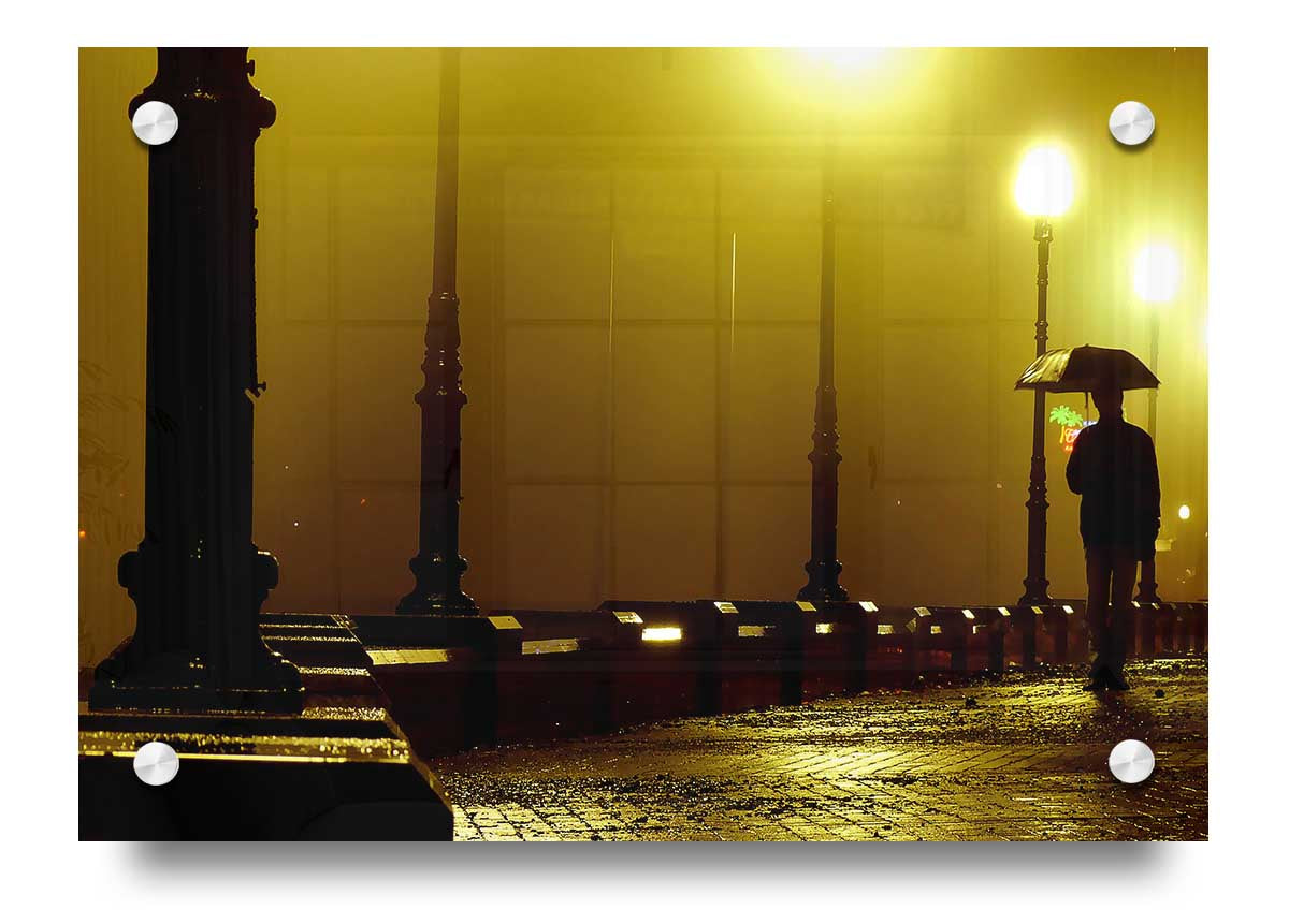 Alley Night acrylic print showcasing a serene urban night scene on 5mm thick acrylic glass, ready to hang.