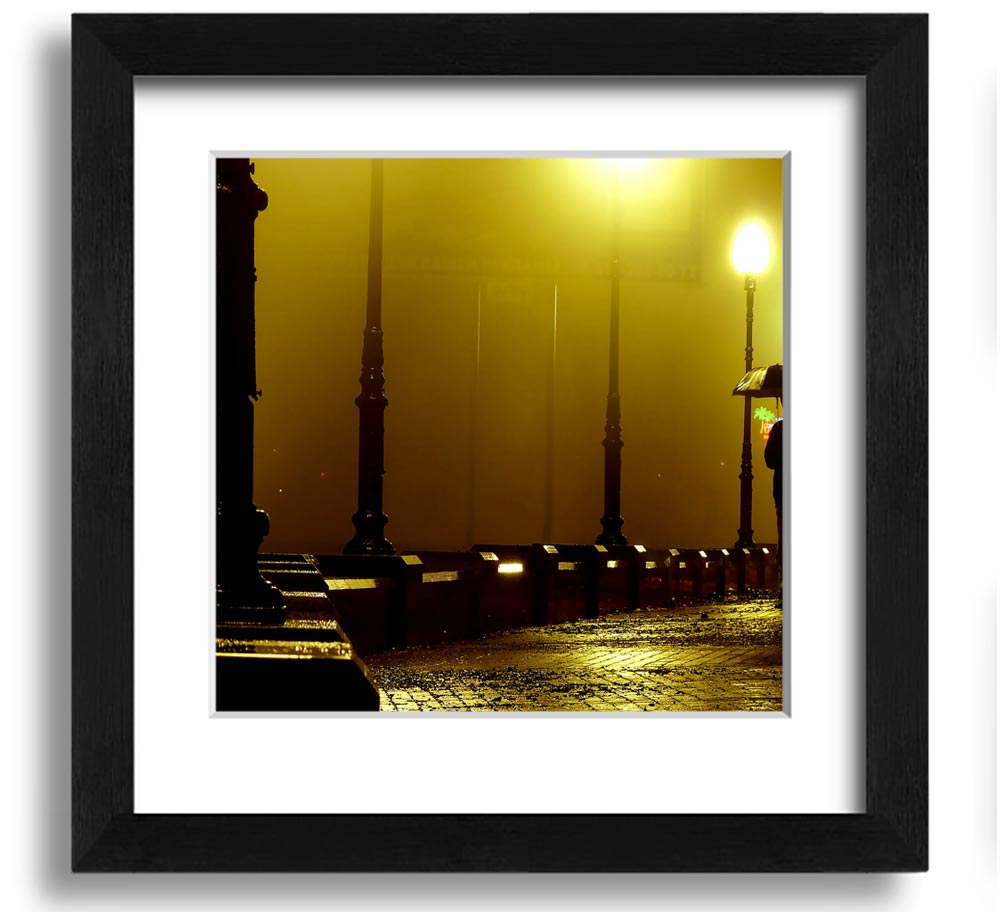 Alley Night Square Framed Print showcasing a serene alley scene, elegantly framed in multiple color options, ready to hang.