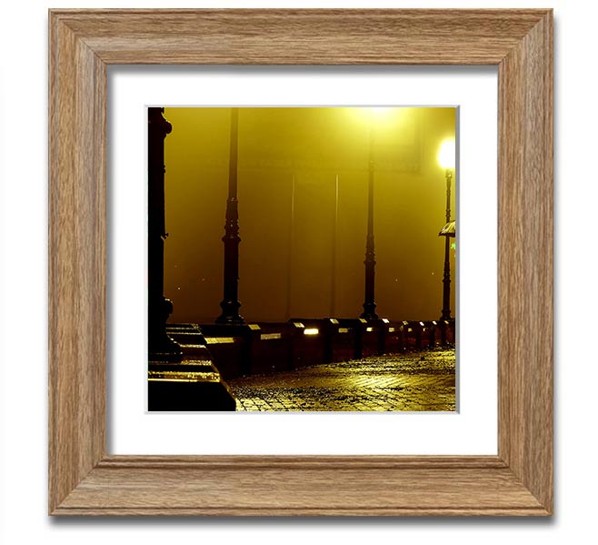 Alley Night Square Framed Print showcasing a serene alley scene, elegantly framed in multiple color options, ready to hang.