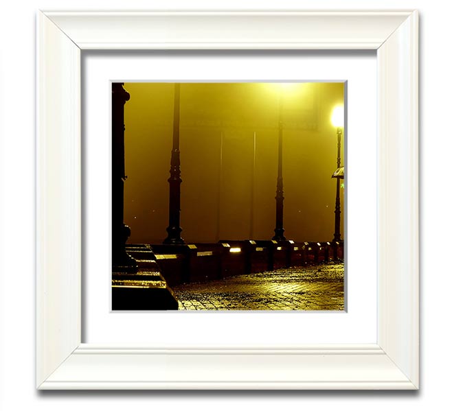 Alley Night Square Framed Print showcasing a serene alley scene, elegantly framed in multiple color options, ready to hang.