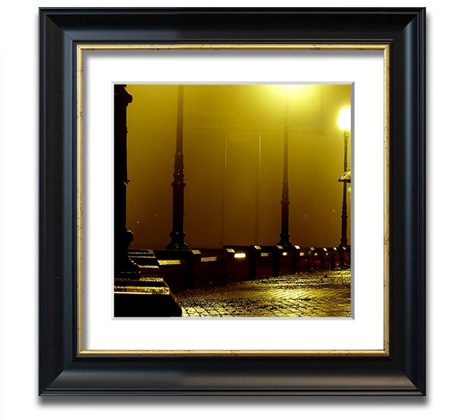 Alley Night Square Framed Print showcasing a serene alley scene, elegantly framed in multiple color options, ready to hang.