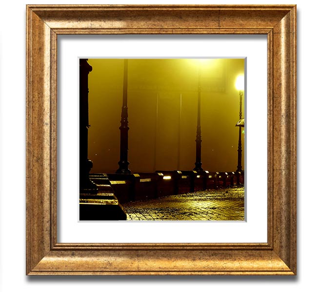 Alley Night Square Framed Print showcasing a serene alley scene, elegantly framed in multiple color options, ready to hang.