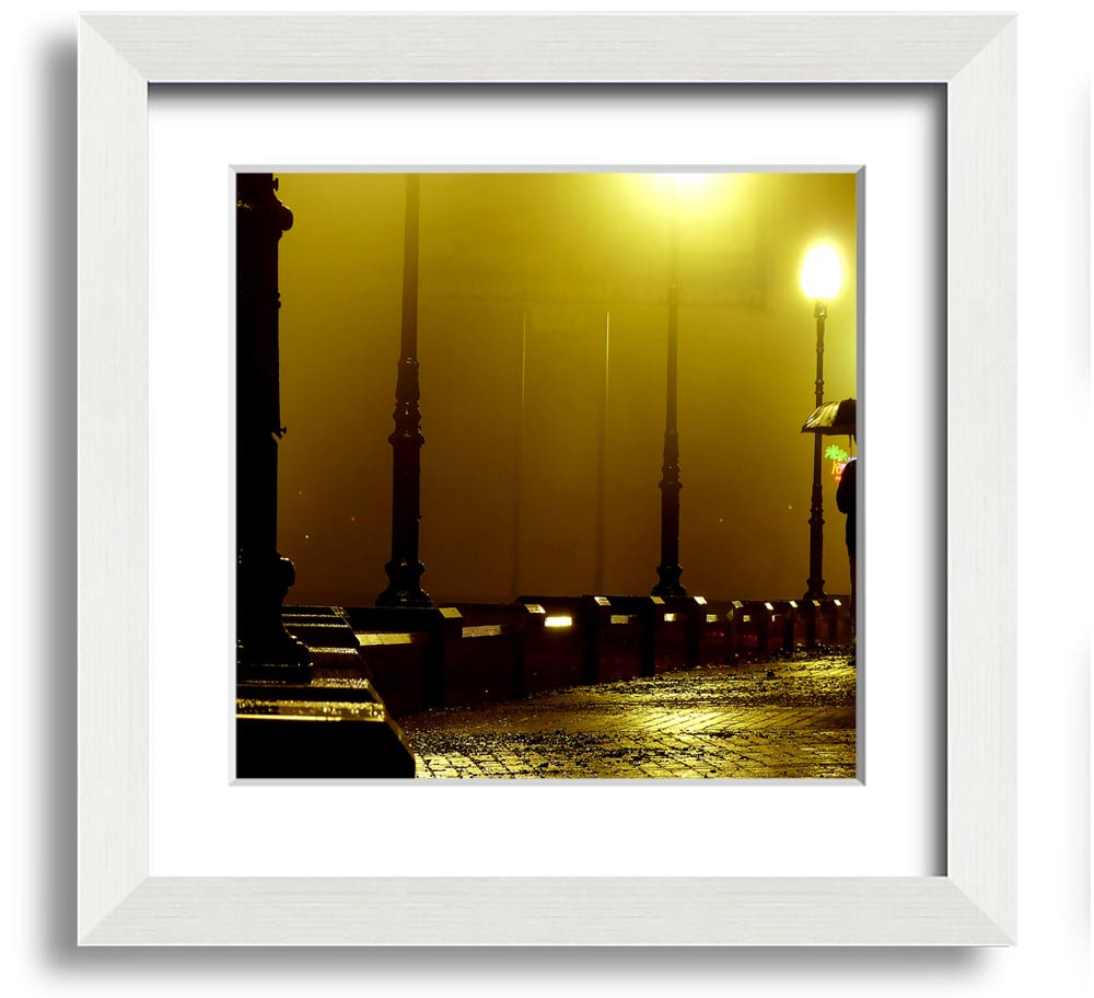 Alley Night Square Framed Print showcasing a serene alley scene, elegantly framed in multiple color options, ready to hang.