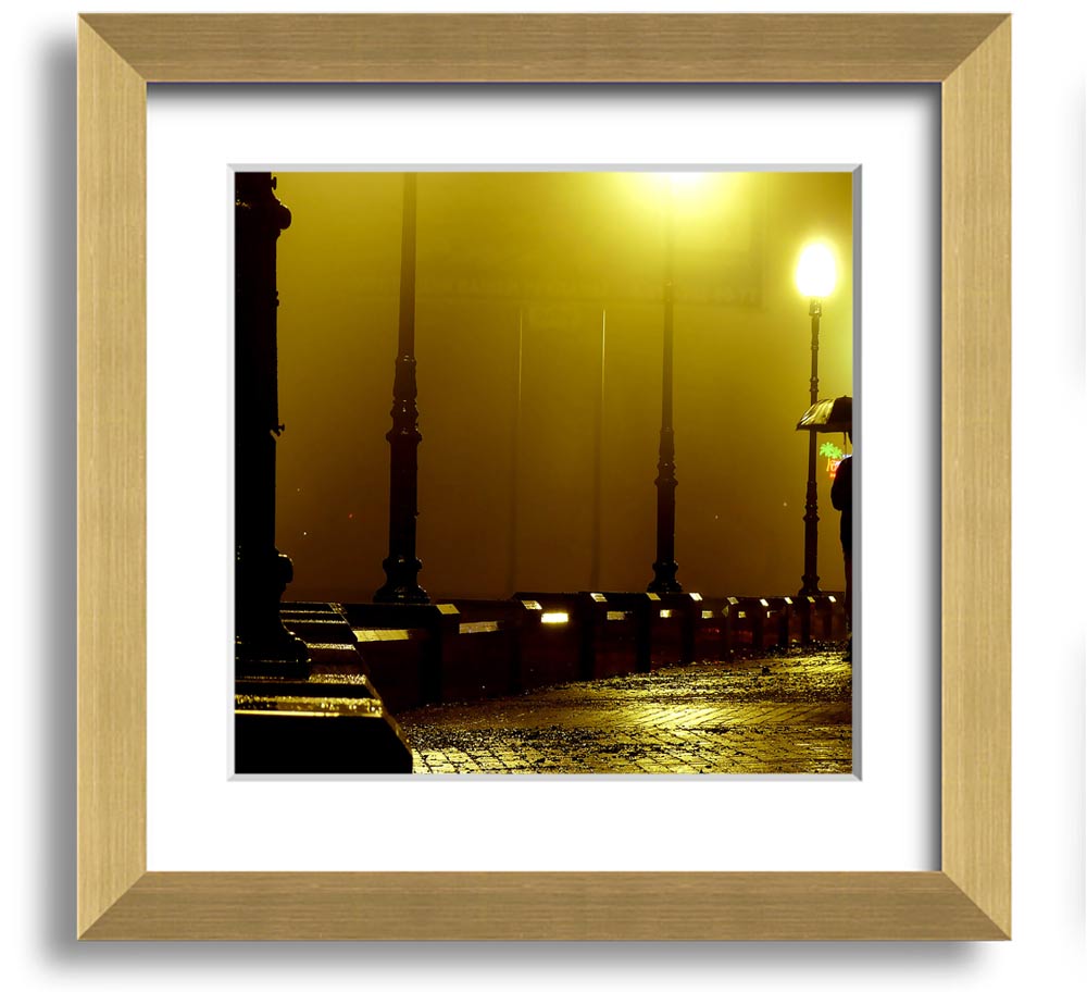 Alley Night Square Framed Print showcasing a serene alley scene, elegantly framed in multiple color options, ready to hang.