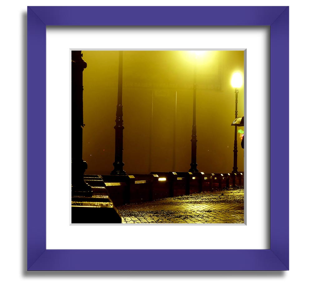 Alley Night Square Framed Print showcasing a serene alley scene, elegantly framed in multiple color options, ready to hang.