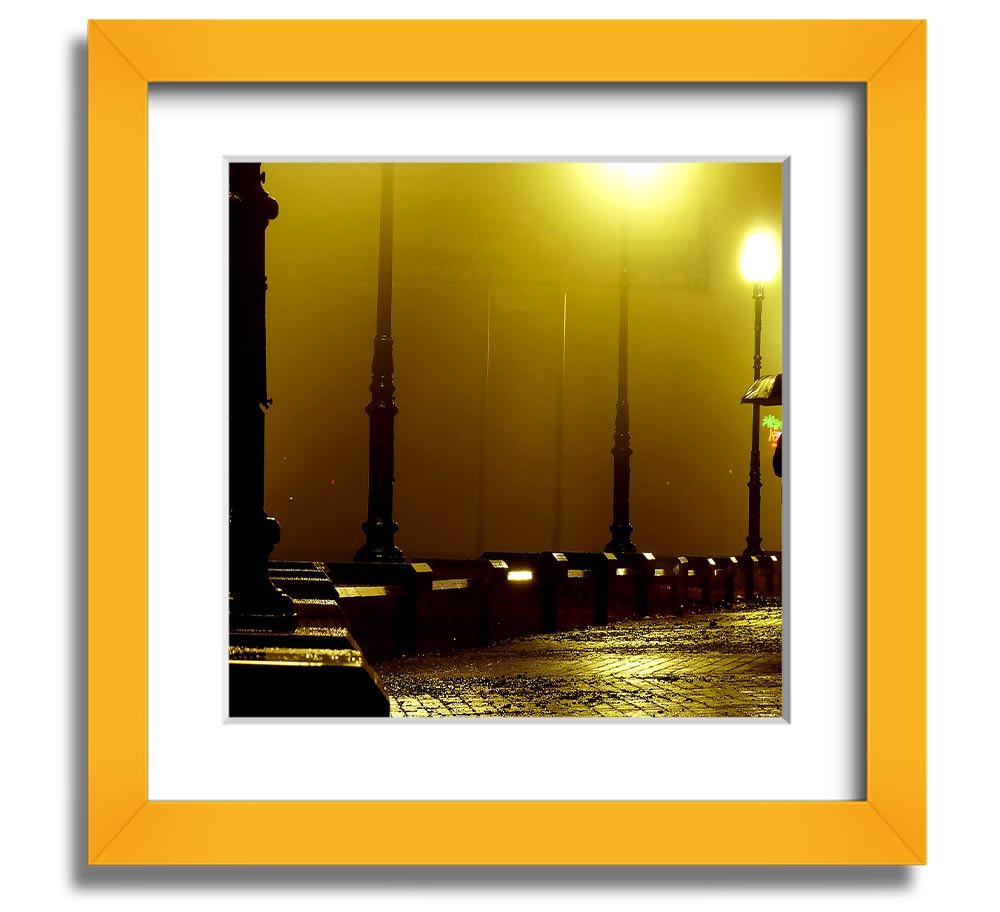 Alley Night Square Framed Print showcasing a serene alley scene, elegantly framed in multiple color options, ready to hang.