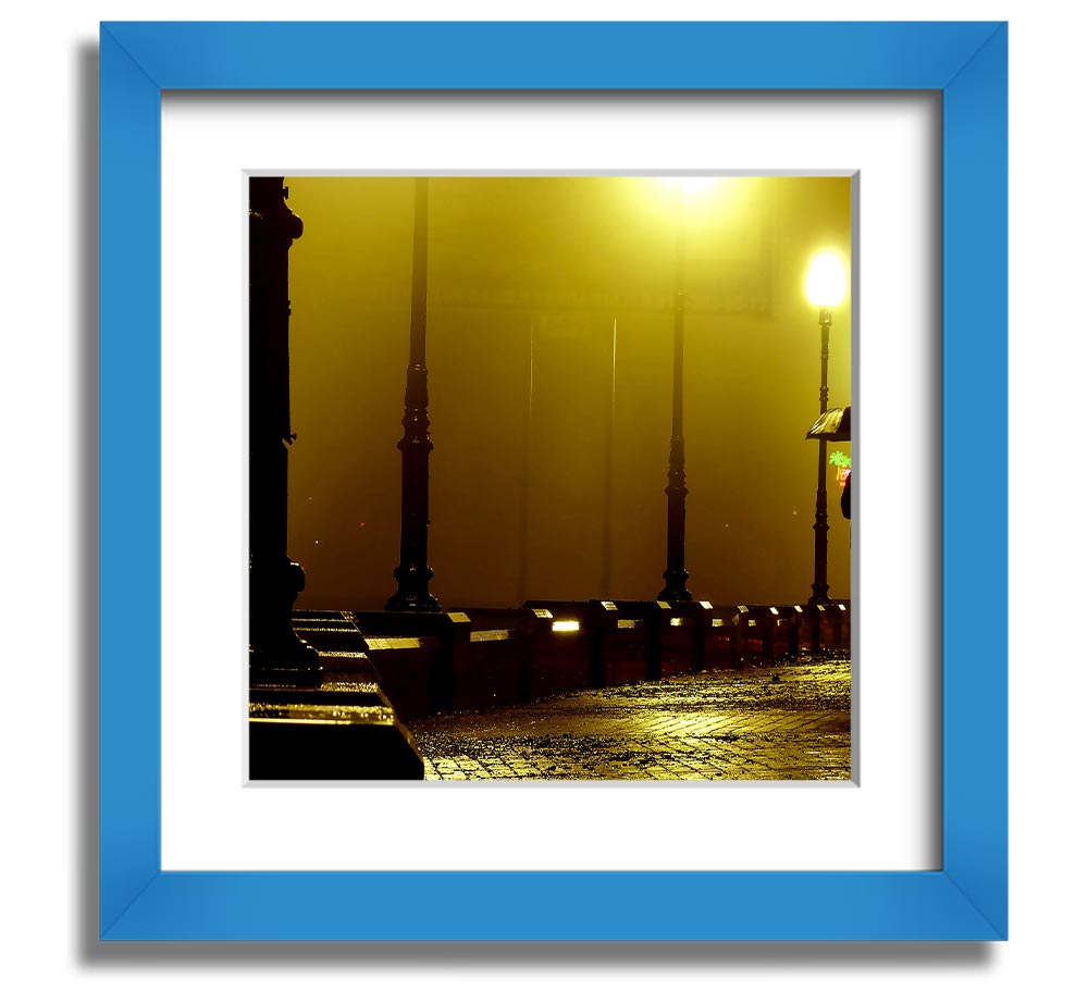 Alley Night Square Framed Print showcasing a serene alley scene, elegantly framed in multiple color options, ready to hang.