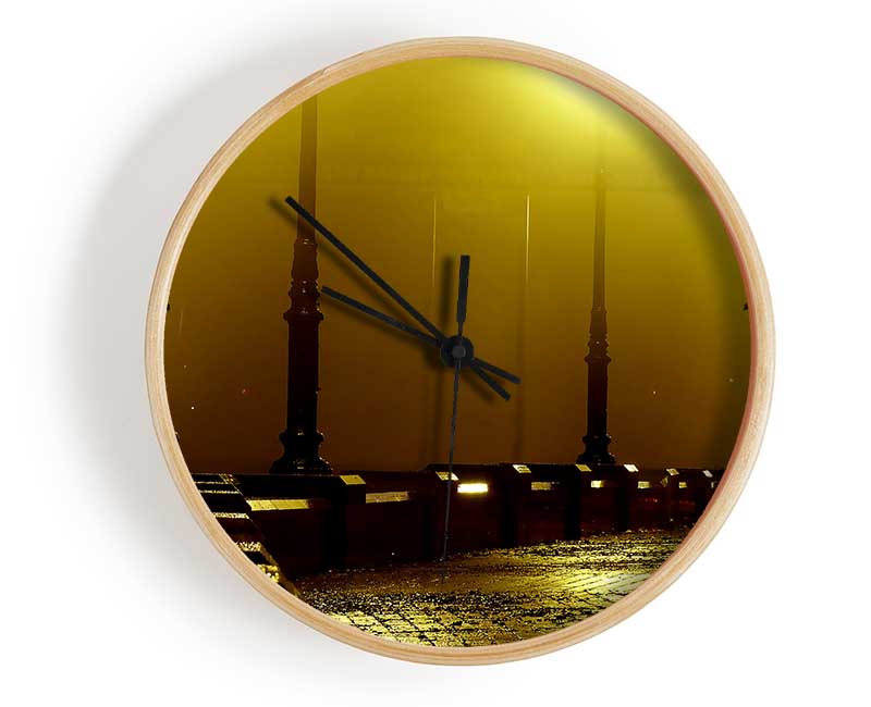 Alley Night clock made from natural bamboo with a round face, available in black, white, and natural colors, featuring a clear Plexiglas lens.