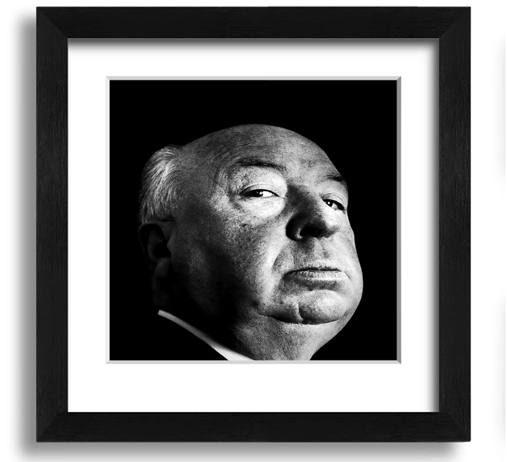 A square framed print of Alfred Hitchcock, showcasing his iconic profile in a stylish frame, available in various colors.