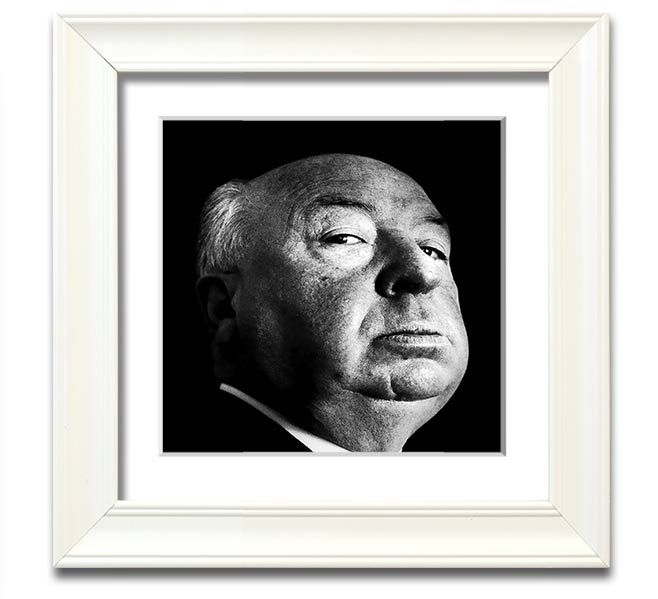 A square framed print of Alfred Hitchcock, showcasing his iconic profile in a stylish frame, available in various colors.