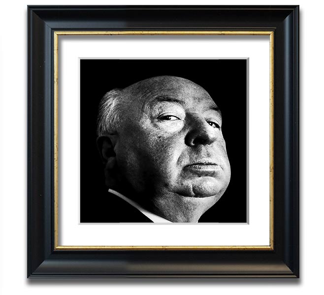 A square framed print of Alfred Hitchcock, showcasing his iconic profile in a stylish frame, available in various colors.