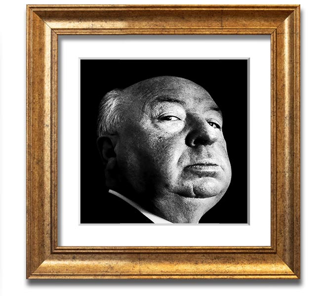 A square framed print of Alfred Hitchcock, showcasing his iconic profile in a stylish frame, available in various colors.