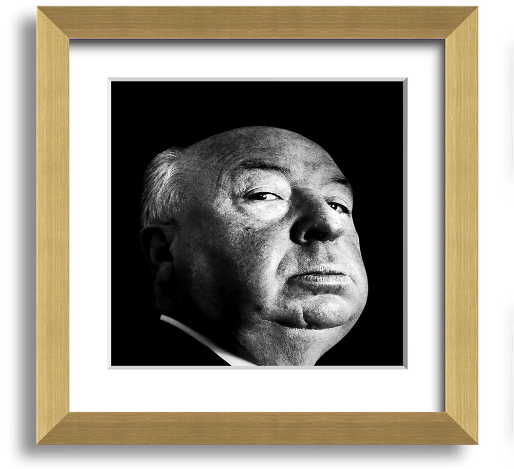 A square framed print of Alfred Hitchcock, showcasing his iconic profile in a stylish frame, available in various colors.