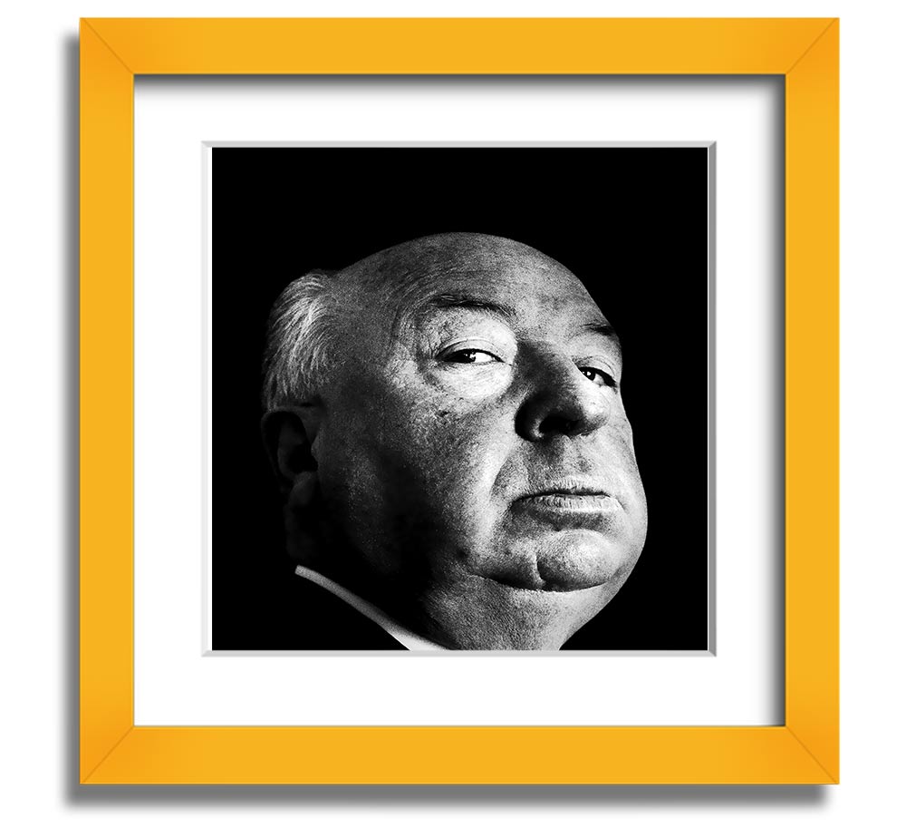 A square framed print of Alfred Hitchcock, showcasing his iconic profile in a stylish frame, available in various colors.