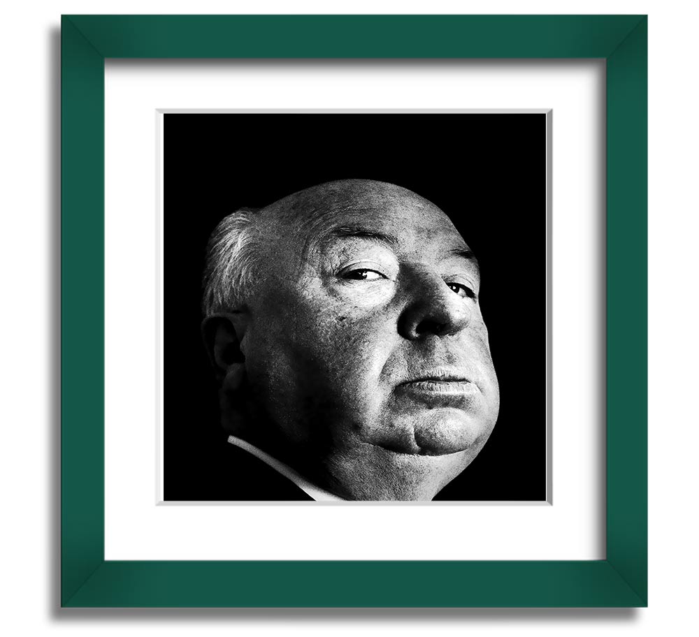 A square framed print of Alfred Hitchcock, showcasing his iconic profile in a stylish frame, available in various colors.