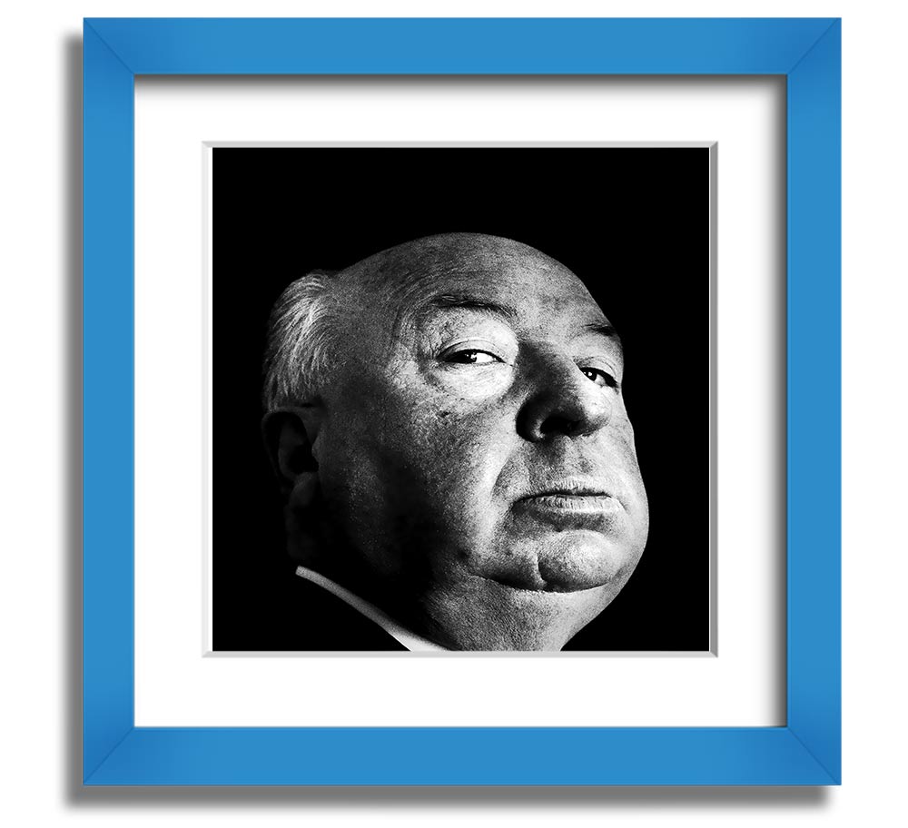 A square framed print of Alfred Hitchcock, showcasing his iconic profile in a stylish frame, available in various colors.