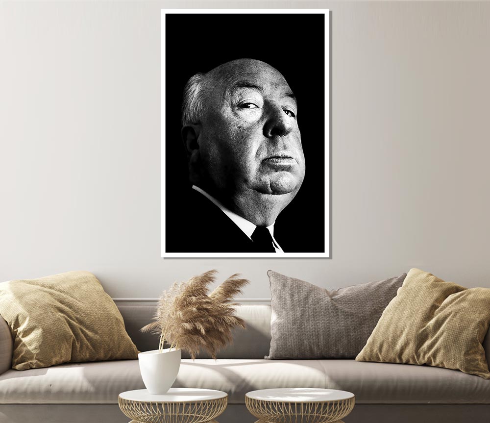 A high-quality canvas portrait of Alfred Hitchcock, showcasing his iconic profile and expression, perfect for display or framing.