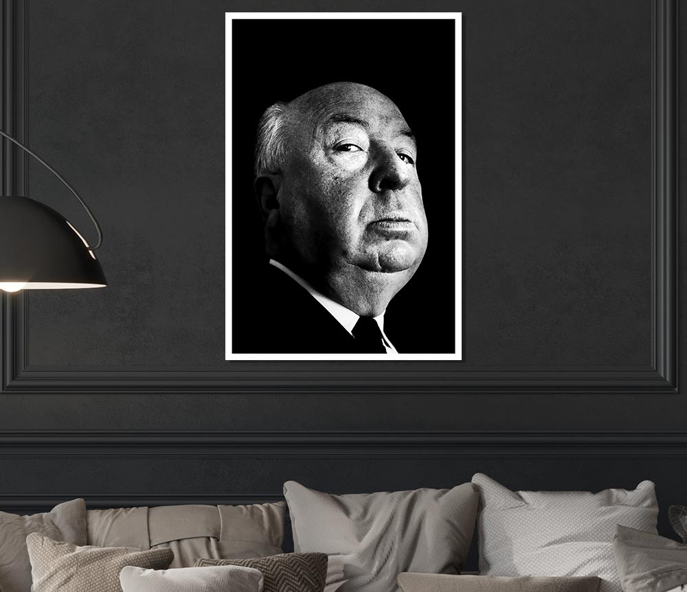 A high-quality canvas portrait of Alfred Hitchcock, showcasing his iconic profile and expression, perfect for display or framing.