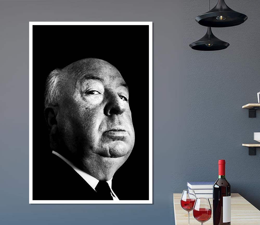 A high-quality canvas portrait of Alfred Hitchcock, showcasing his iconic profile and expression, perfect for display or framing.