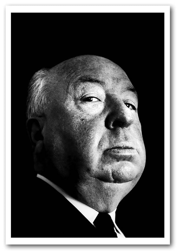 A high-quality canvas portrait of Alfred Hitchcock, showcasing his iconic profile and expression, perfect for display or framing.