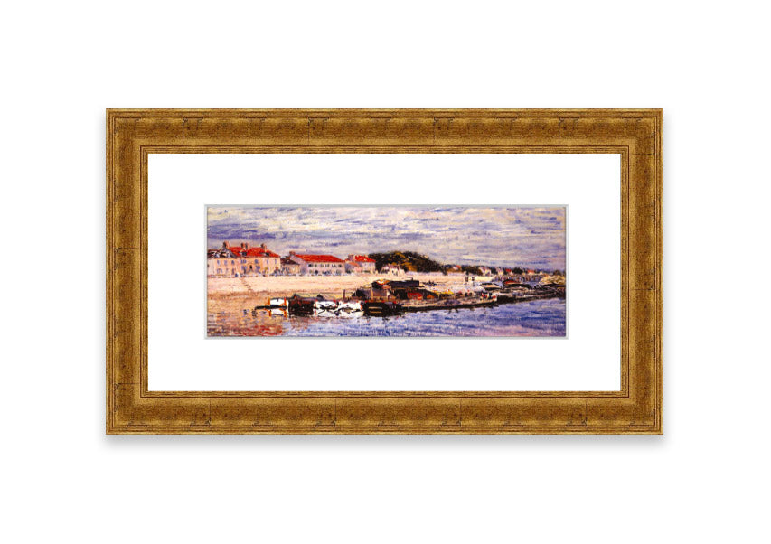 Framed print of Alfred Sisley's Barges On The Loing, showcasing vibrant colors and intricate details, ready to hang.