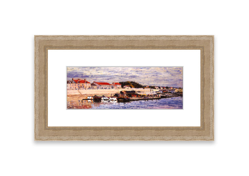 Framed print of Alfred Sisley's Barges On The Loing, showcasing vibrant colors and intricate details, ready to hang.