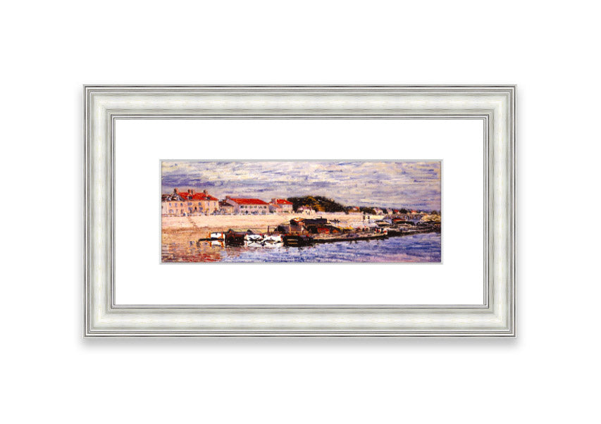 Framed print of Alfred Sisley's Barges On The Loing, showcasing vibrant colors and intricate details, ready to hang.