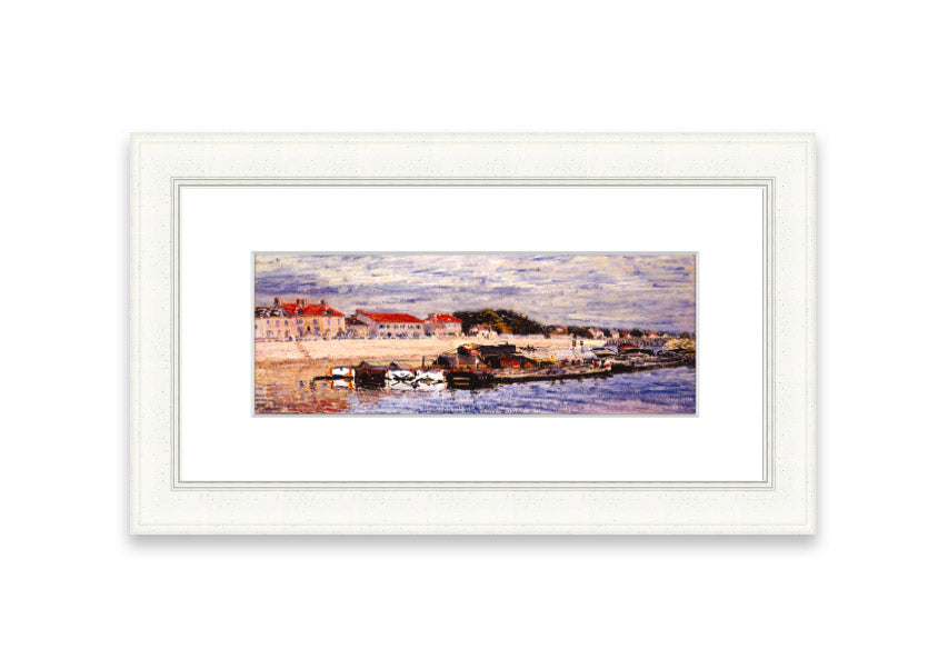 Framed print of Alfred Sisley's Barges On The Loing, showcasing vibrant colors and intricate details, ready to hang.