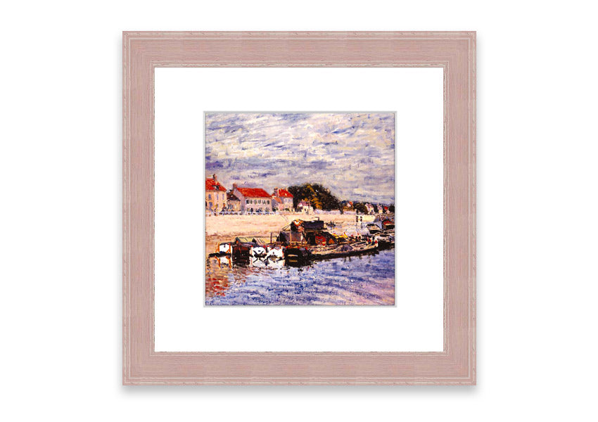 Framed print of Alfred Sisley's Barges On The Loing, showcasing vibrant colors and intricate details, ready to hang.