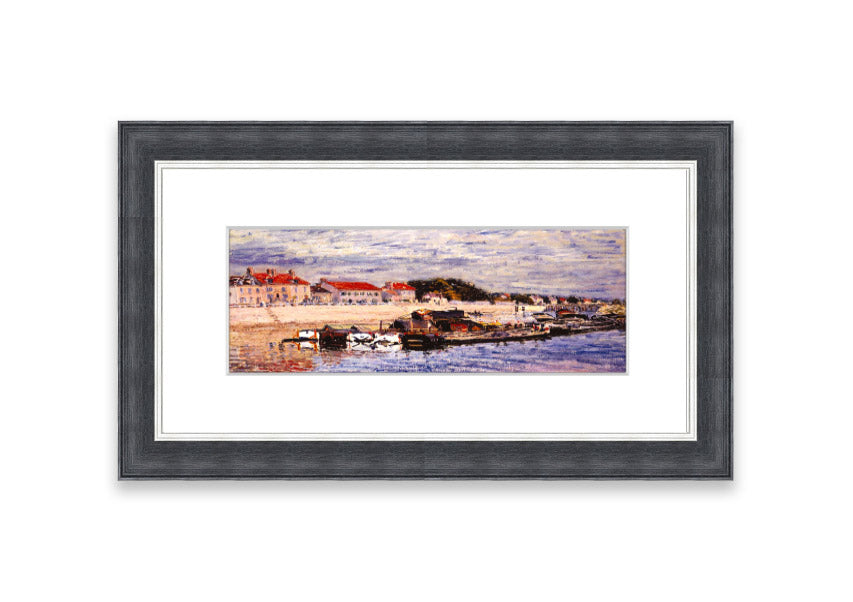 Framed print of Alfred Sisley's Barges On The Loing, showcasing vibrant colors and intricate details, ready to hang.