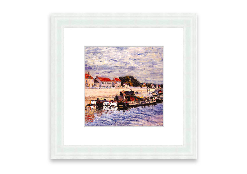 Framed print of Alfred Sisley's Barges On The Loing, showcasing vibrant colors and intricate details, ready to hang.