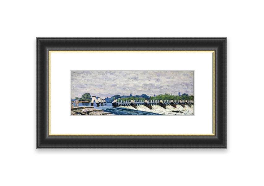 Framed print of Alfred Sisley's Molesey Weir, showcasing serene water and lush greenery.