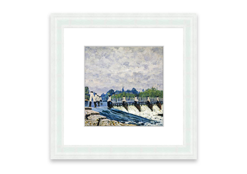 Framed print of Alfred Sisley's Molesey Weir, showcasing serene water and lush greenery.