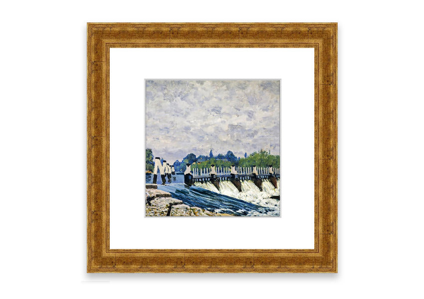 Framed print of Alfred Sisley's Molesey Weir, showcasing serene water and lush greenery.