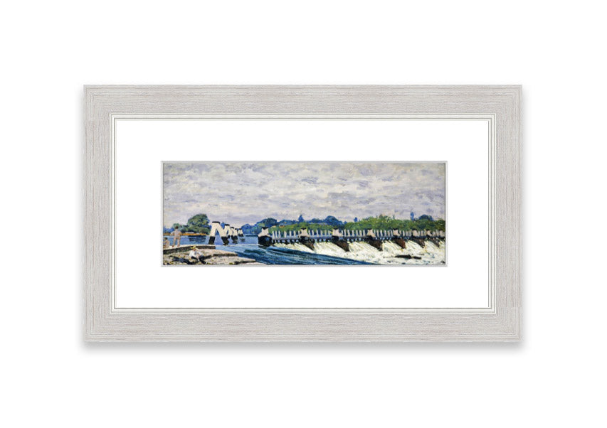 Framed print of Alfred Sisley's Molesey Weir, showcasing serene water and lush greenery.