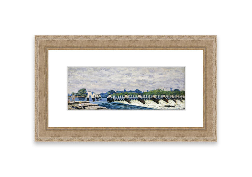 Framed print of Alfred Sisley's Molesey Weir, showcasing serene water and lush greenery.