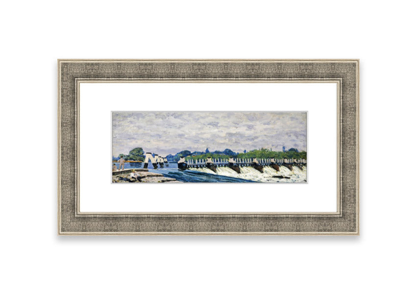 Framed print of Alfred Sisley's Molesey Weir, showcasing serene water and lush greenery.