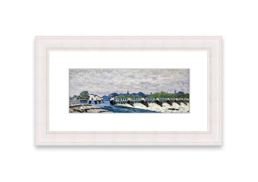 Framed print of Alfred Sisley's Molesey Weir, showcasing serene water and lush greenery.