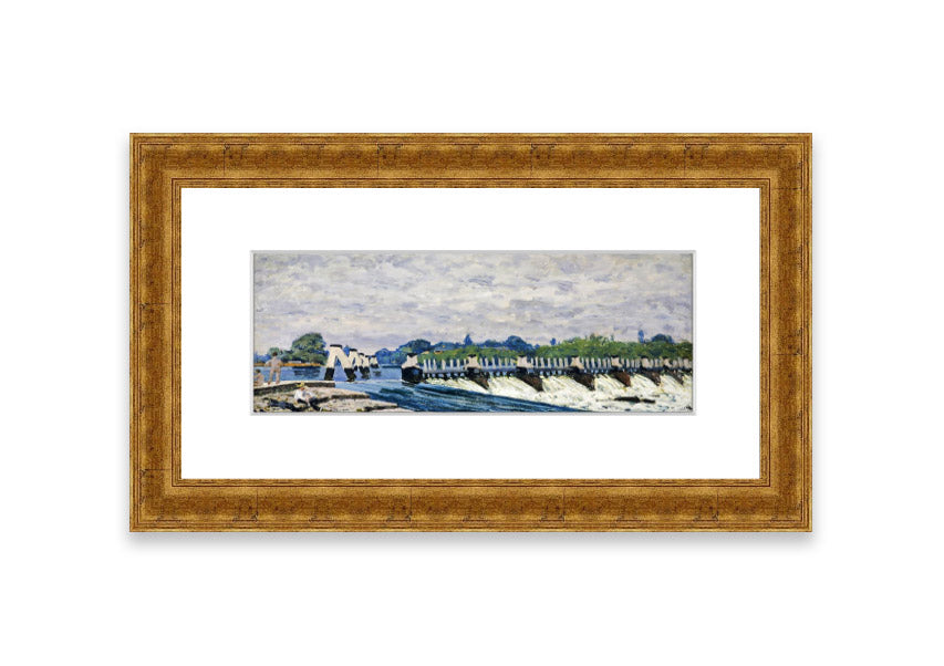 Framed print of Alfred Sisley's Molesey Weir, showcasing serene water and lush greenery.