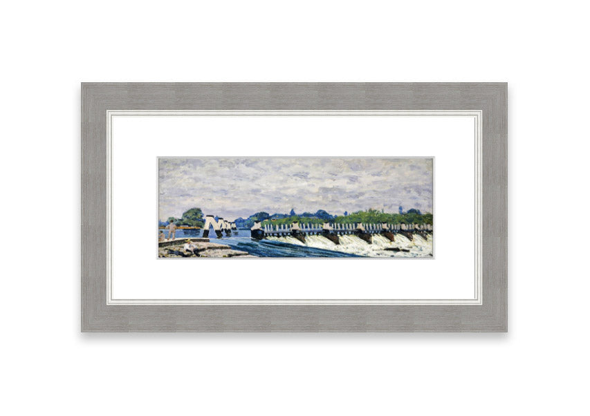 Framed print of Alfred Sisley's Molesey Weir, showcasing serene water and lush greenery.