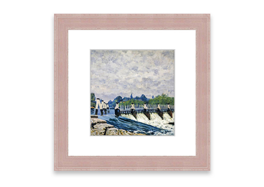 Framed print of Alfred Sisley's Molesey Weir, showcasing serene water and lush greenery.