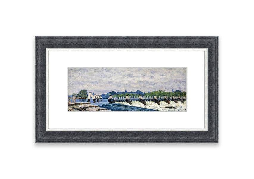 Framed print of Alfred Sisley's Molesey Weir, showcasing serene water and lush greenery.