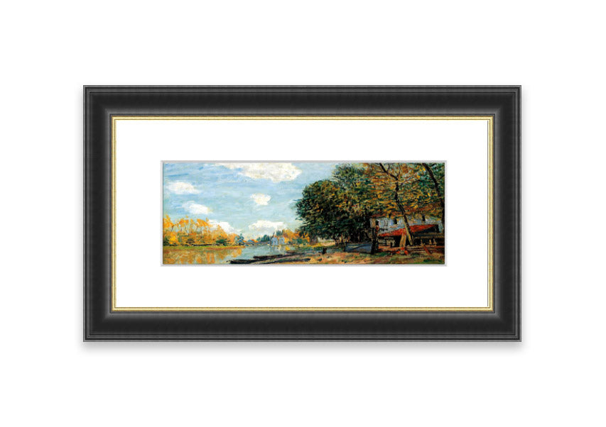 Framed print of Alfred Sisley's 'Moret On The Banks Of The River Loing', showcasing serene river landscape in vibrant colors.