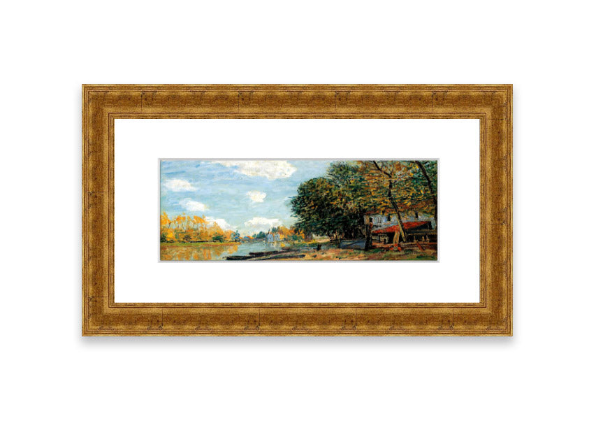 Framed print of Alfred Sisley's 'Moret On The Banks Of The River Loing', showcasing serene river landscape in vibrant colors.