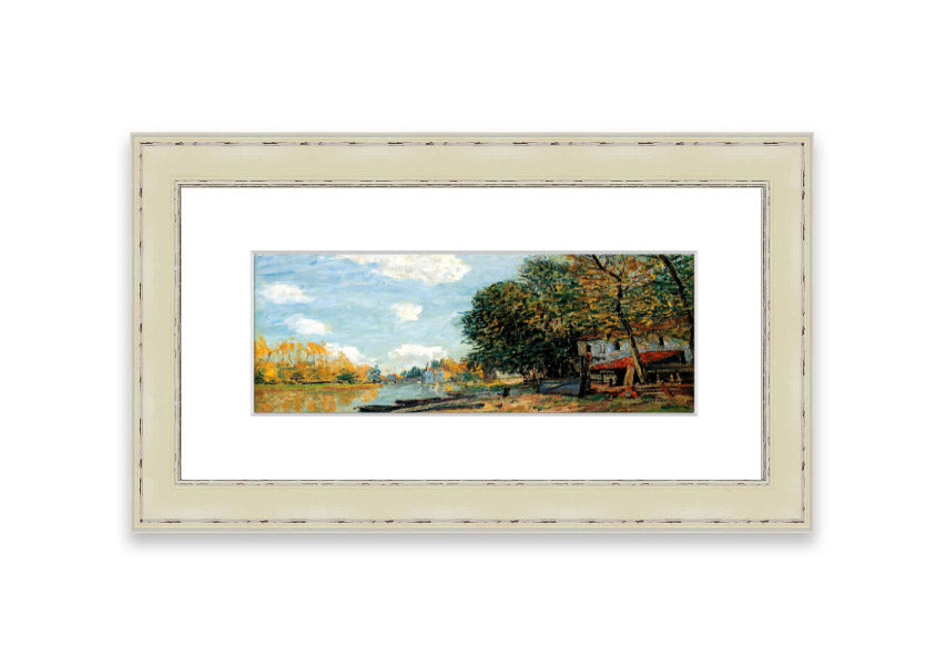 Framed print of Alfred Sisley's 'Moret On The Banks Of The River Loing', showcasing serene river landscape in vibrant colors.