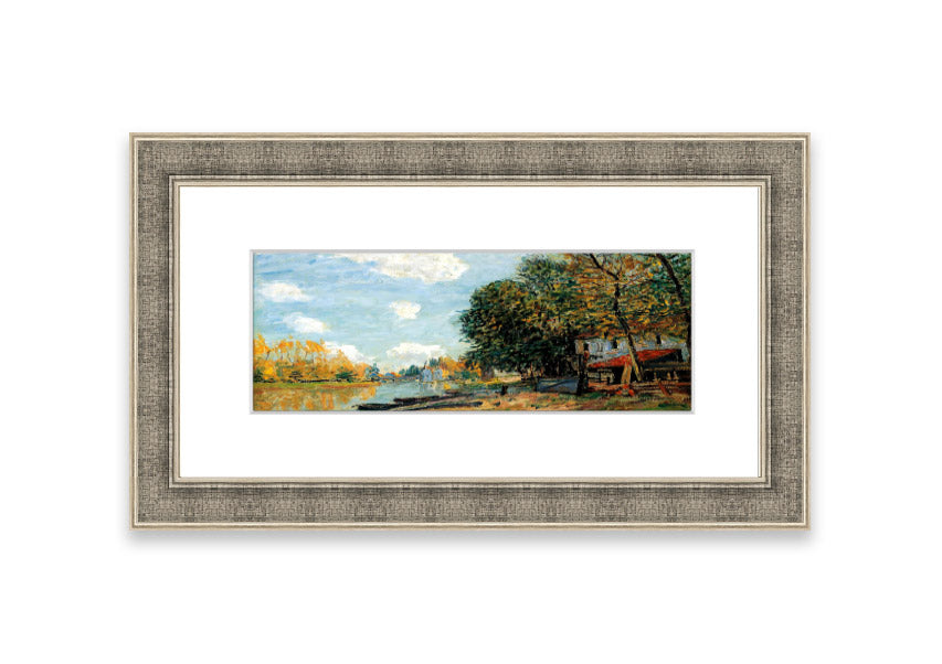 Framed print of Alfred Sisley's 'Moret On The Banks Of The River Loing', showcasing serene river landscape in vibrant colors.