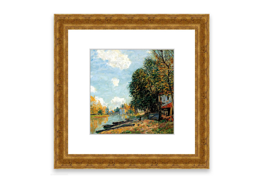 Framed print of Alfred Sisley's 'Moret On The Banks Of The River Loing', showcasing serene river landscape in vibrant colors.