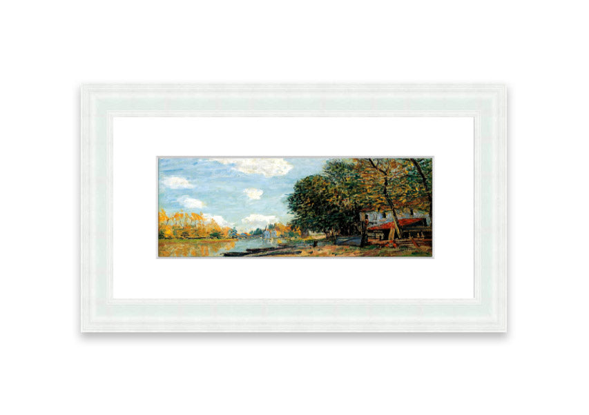 Framed print of Alfred Sisley's 'Moret On The Banks Of The River Loing', showcasing serene river landscape in vibrant colors.